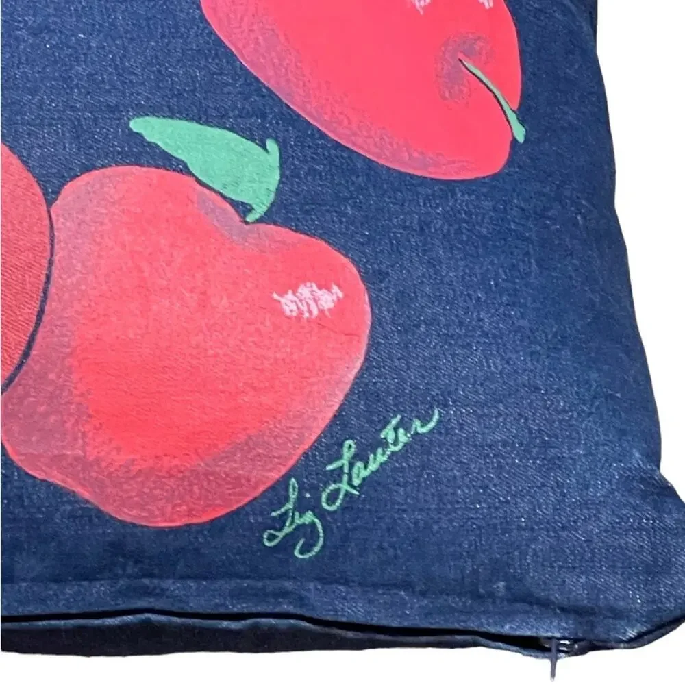 Decorative Handpainted Square Denim Blue Red Apple Pillow by Artist Liz Lauter